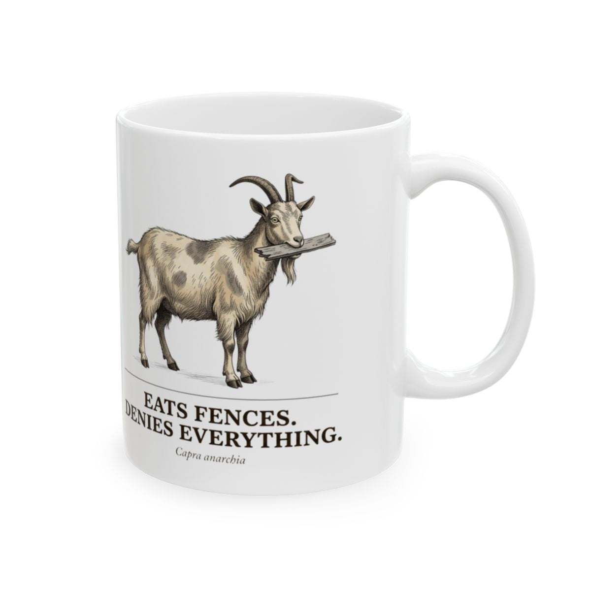 Goat Coffee Mug — "Eats Fences. Denies Everything." Vintage Engraved Goat Mug