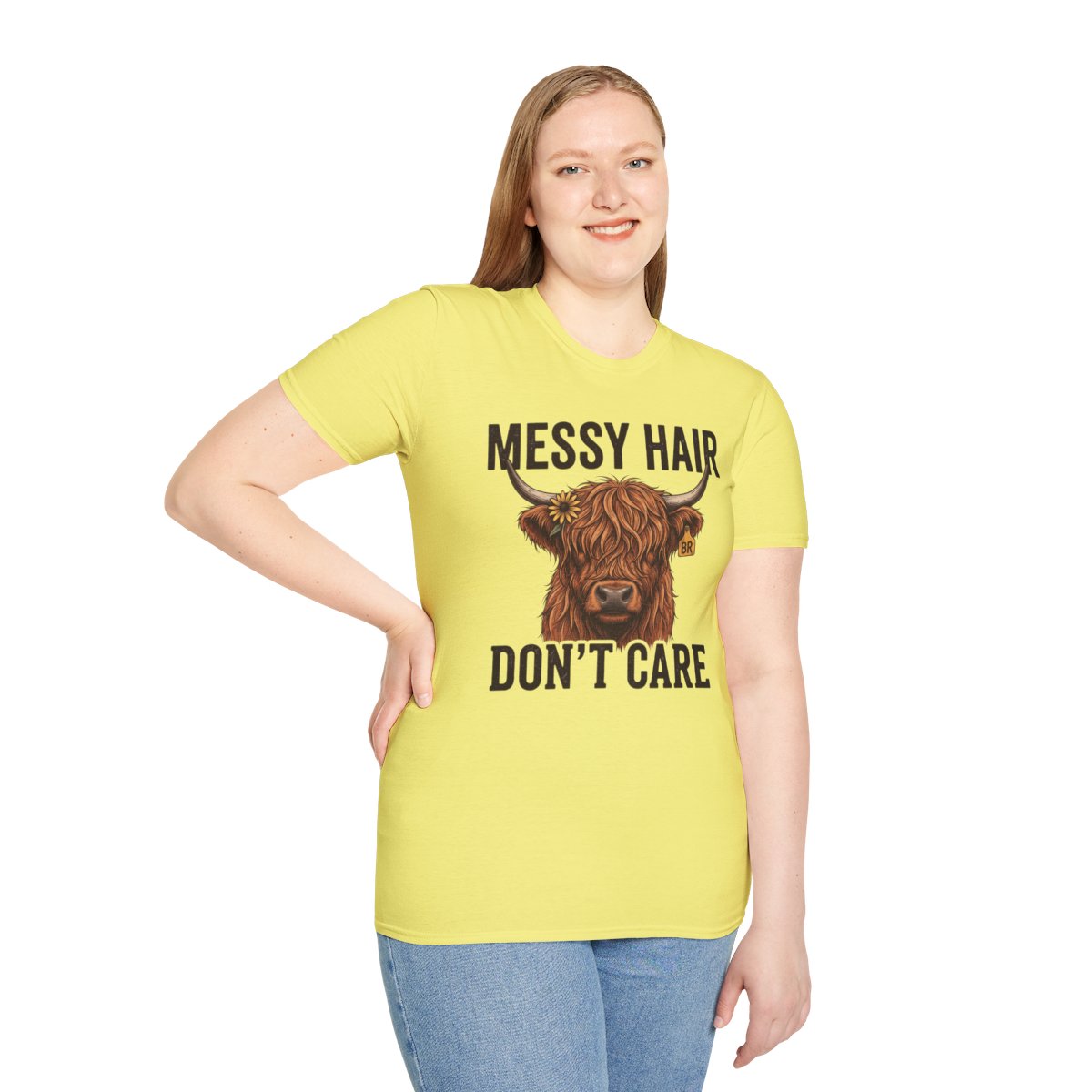 Highland Cow Shirt — "Messy Hair Don't Care" Graphic Tee in Cornsilk