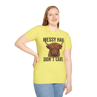 Highland Cow Shirt — "Messy Hair Don't Care" Graphic Tee in Cornsilk