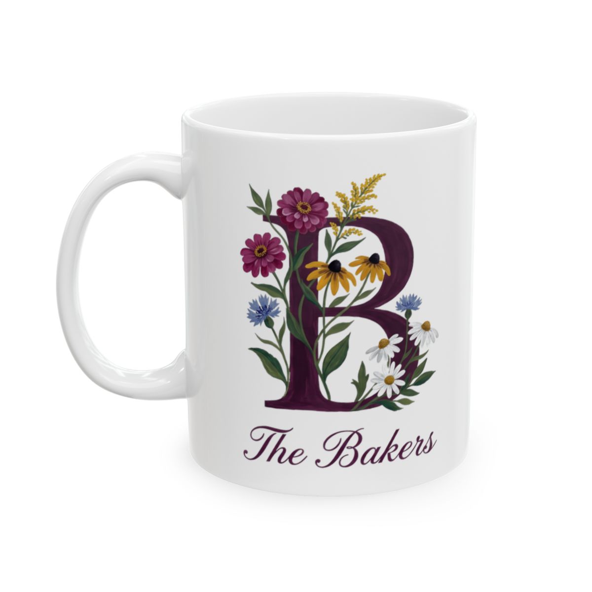 Personalized Monogram Mug — Wildflower Initial with Family Name