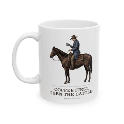 Front view of the white Cowboy Coffee Mug featuring a cowboy on horseback, isolated on a plain white background from Bluegrass Gifts