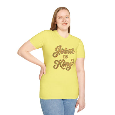 Jesus Is King Shirt — Gold Leaf Script Christian Tee in Cornsilk