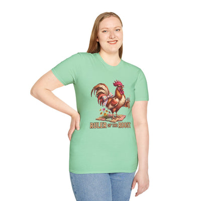 A woman stands smiling, modeling the light green fitted Rooster Shirt - Ruler of the Roost, with her hand on her hip