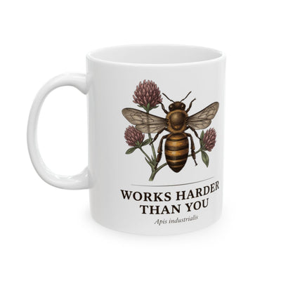 Bee Coffee Mug — "Works Harder Than You" Vintage Engraved Honeybee & Clover Mug