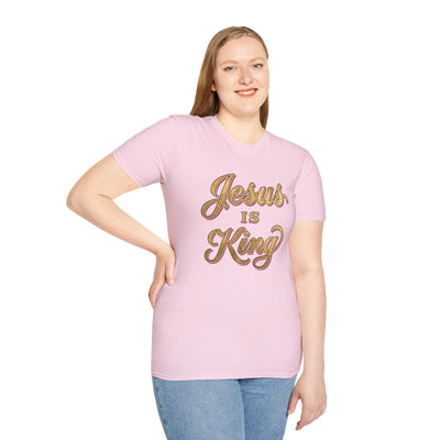 Jesus Is King Shirt — Gold Leaf Script Christian Tee in Light Pink