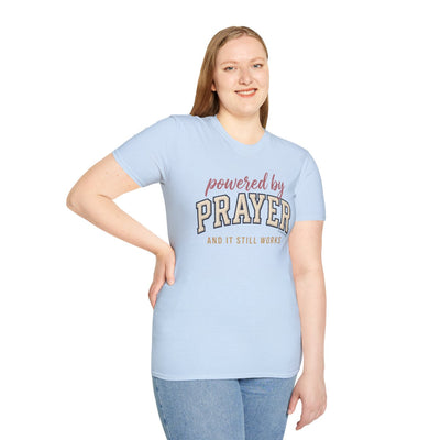 Prayer Shirt — "Powered by Prayer" Varsity Patch Tee in Light Blue