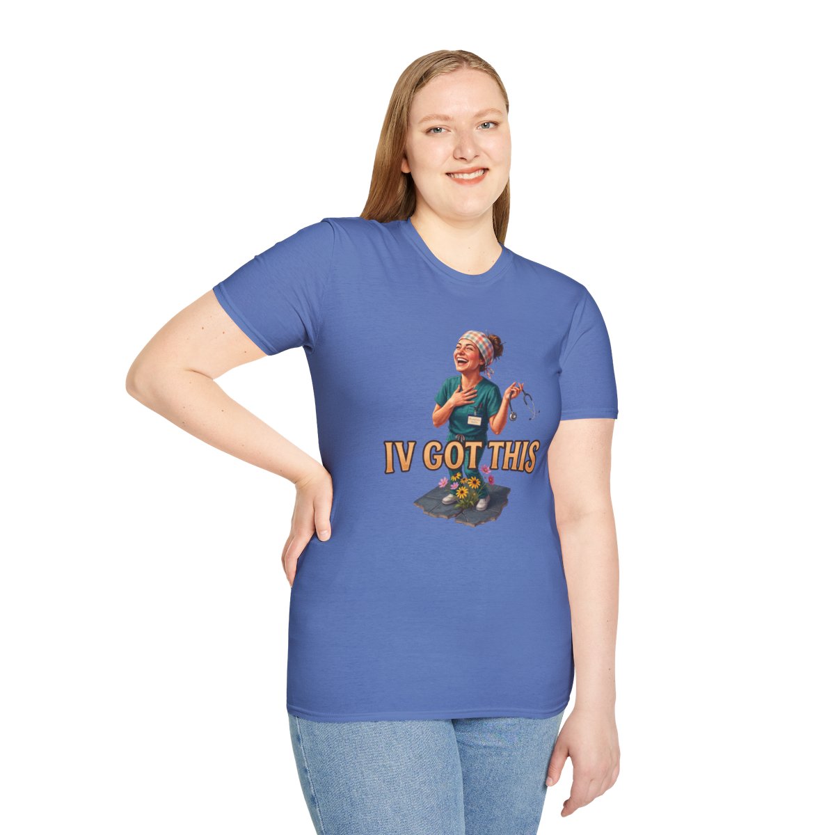 A woman with long blonde hair poses, wearing the blue Nurse Shirt - IV Got This and blue jeans
