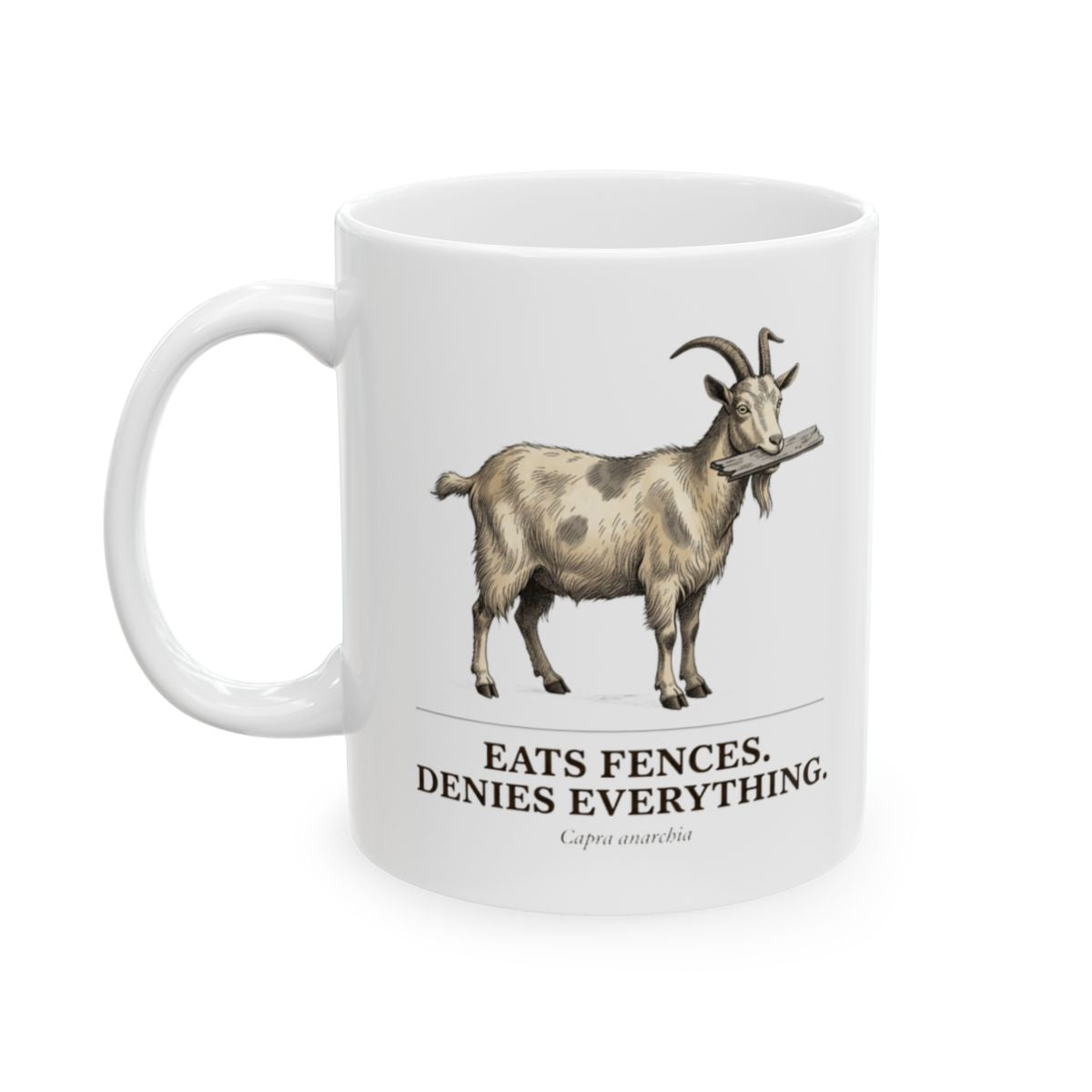 A white Goat Coffee Mug with a goat graphic and text is centered on a plain white background from Bluegrass Gifts