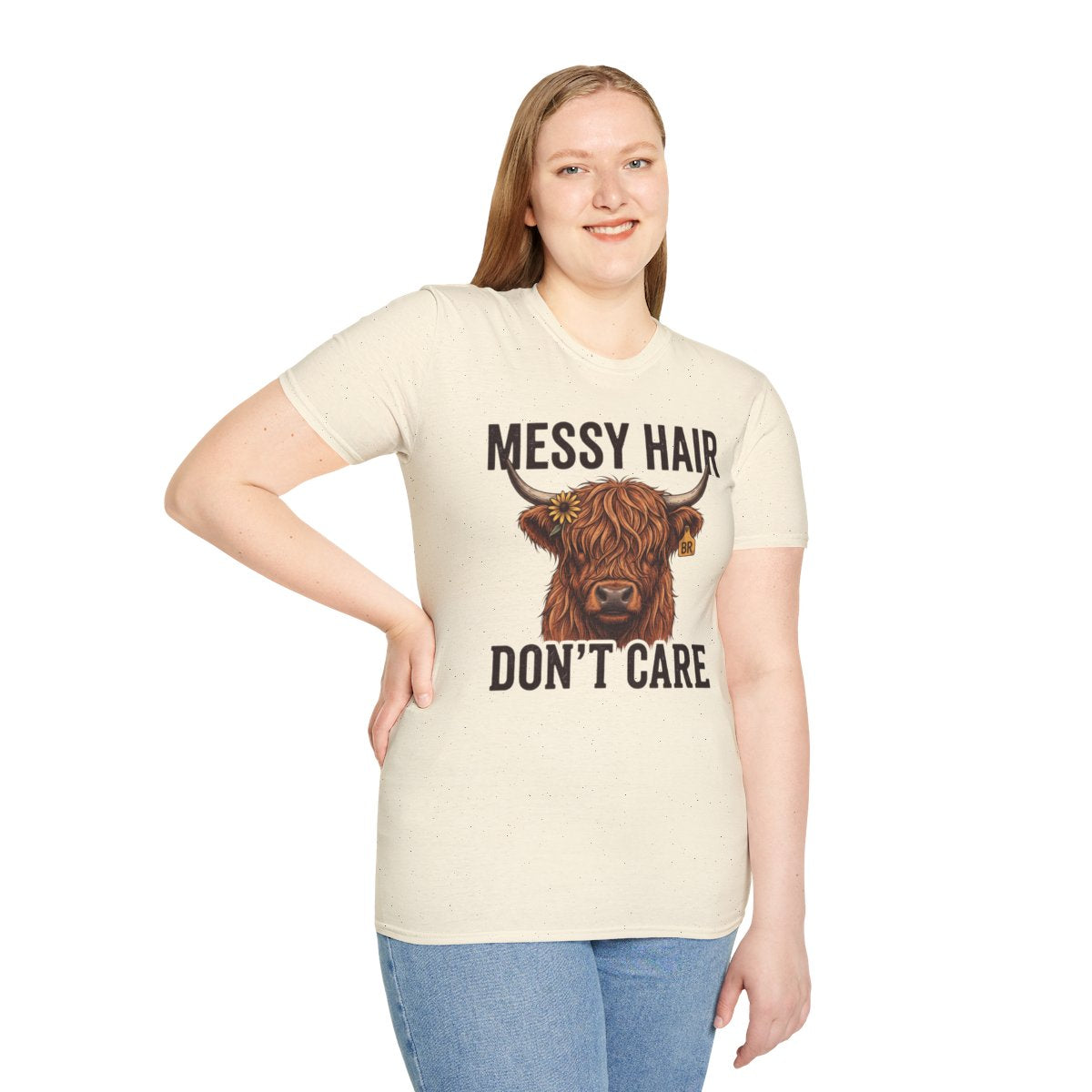 Highland Cow Shirt — "Messy Hair Don't Care" Graphic Tee in Natural