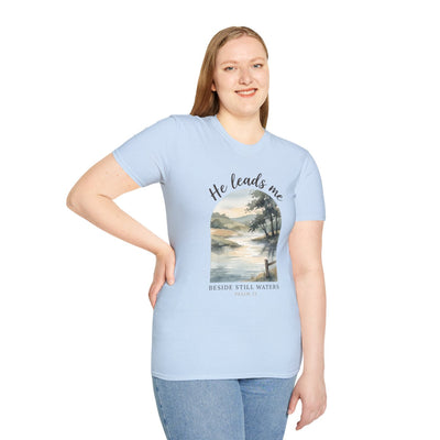 Bible Verse Shirt — Psalm 23 "Still Waters" Watercolor Tee in Light Blue