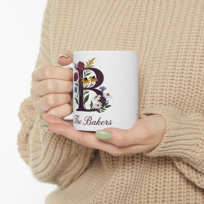 Personalized Monogram Mug — Wildflower Initial with Family Name