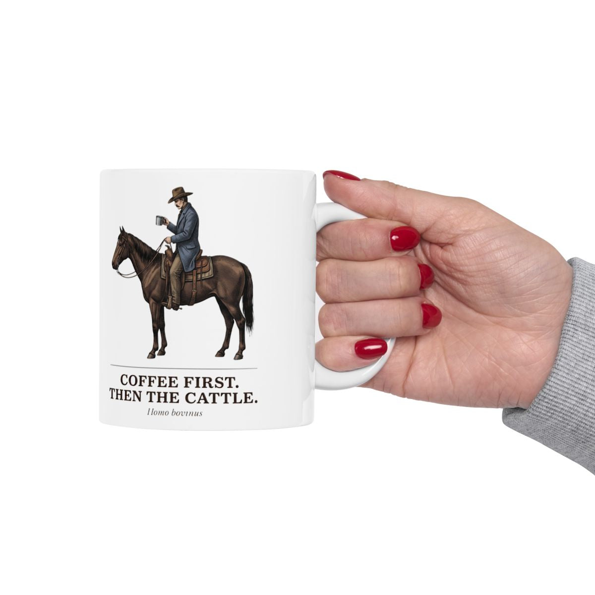 Cowboy Coffee Mug — "Coffee First. Then the Cattle." Vintage Engraved Horseback Mug