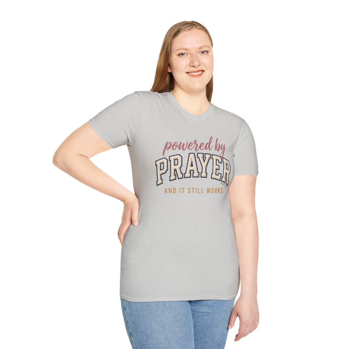 Prayer Shirt — "Powered by Prayer" Varsity Patch Tee in Ice Grey