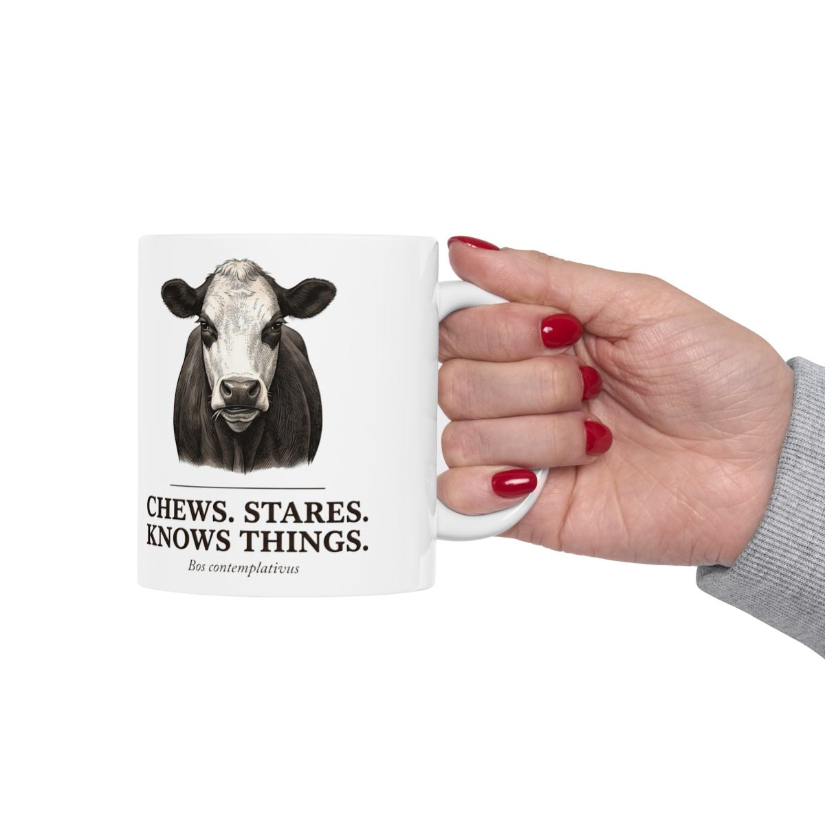 Cow Coffee Mug — "Chews. Stares. Knows Things." Vintage Engraved Black Baldy Mug