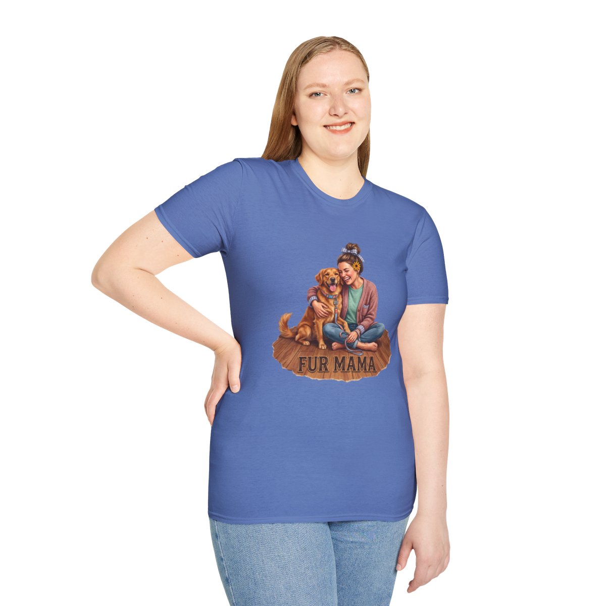 A woman stands front-facing, wearing a blue Dog Mom Shirt - Fur Mama, with the graphic of a woman hugging a golden retriever