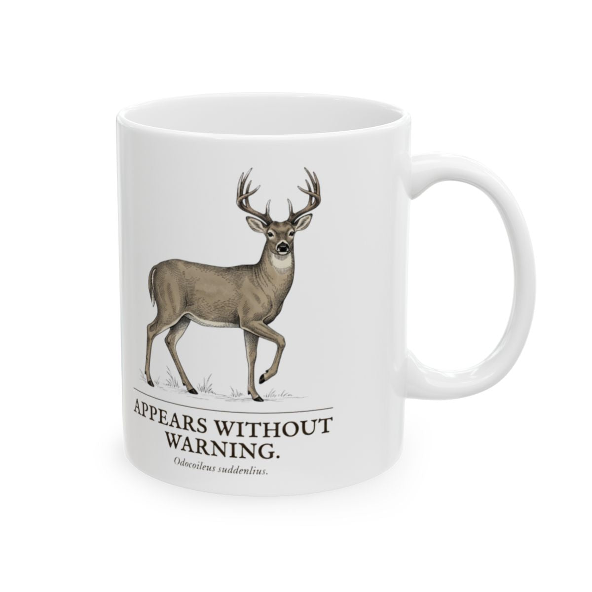 Deer Coffee Mug — "Appears Without Warning" Vintage Engraved Whitetail Buck Mug