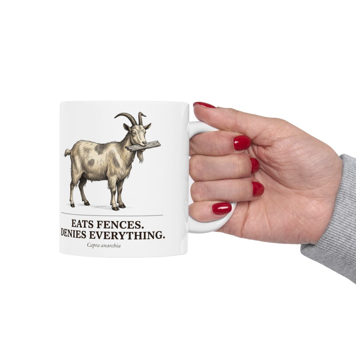 Goat Coffee Mug — "Eats Fences. Denies Everything." Vintage Engraved Goat Mug