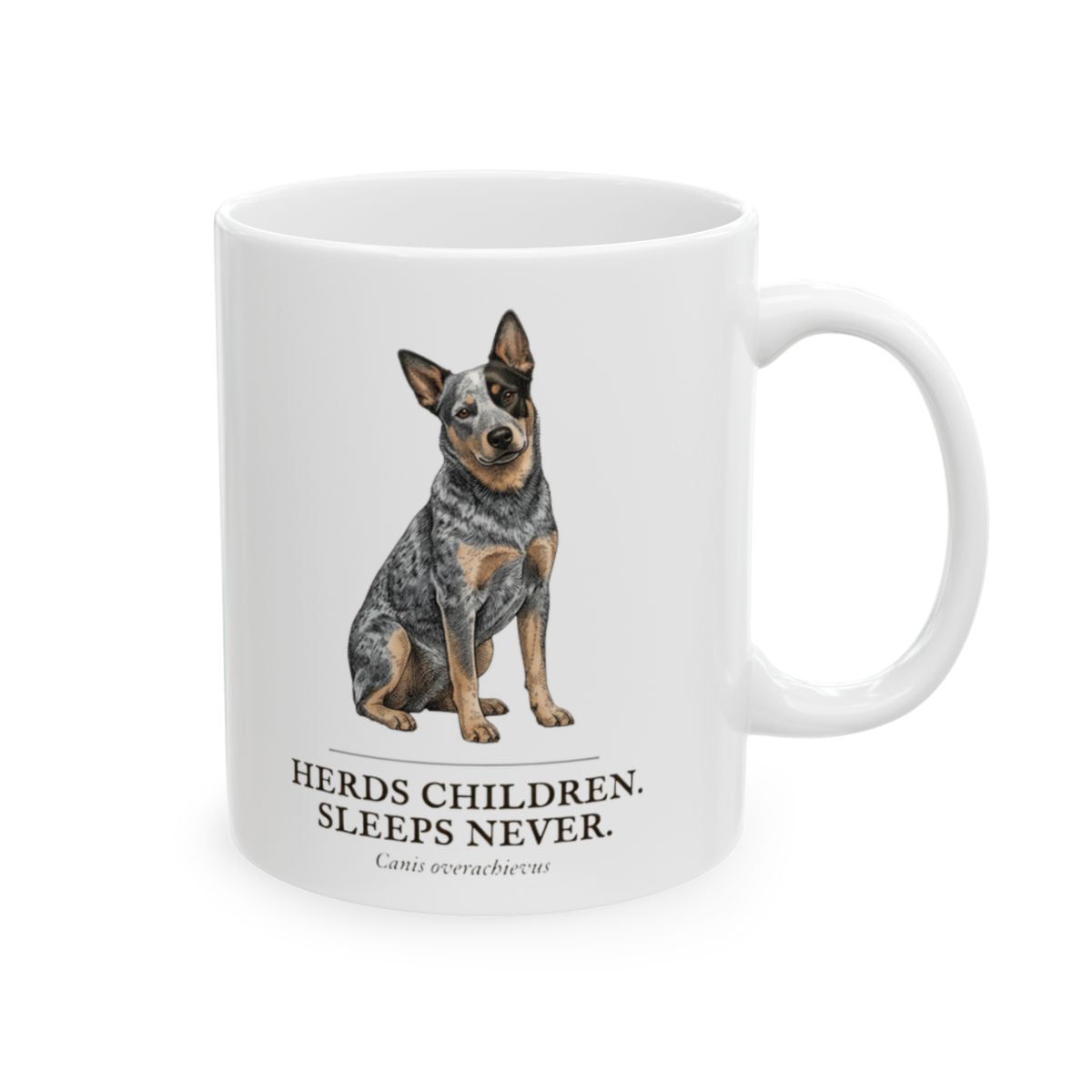 A white Dog Mom Mug with a blue heeler graphic and text is presented from a slightly different angle on a clean background