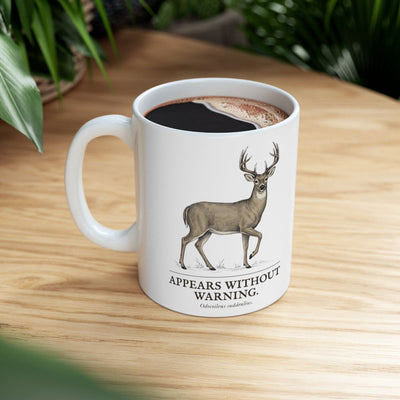 Deer Coffee Mug — "Appears Without Warning" Vintage Engraved Whitetail Buck Mug