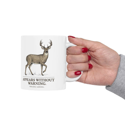 Deer Coffee Mug — "Appears Without Warning" Vintage Engraved Whitetail Buck Mug