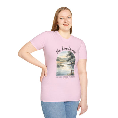 Bible Verse Shirt — Psalm 23 "Still Waters" Watercolor Tee in Light Pink