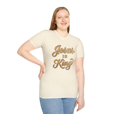 Jesus Is King Shirt — Gold Leaf Script Christian Tee in Natural