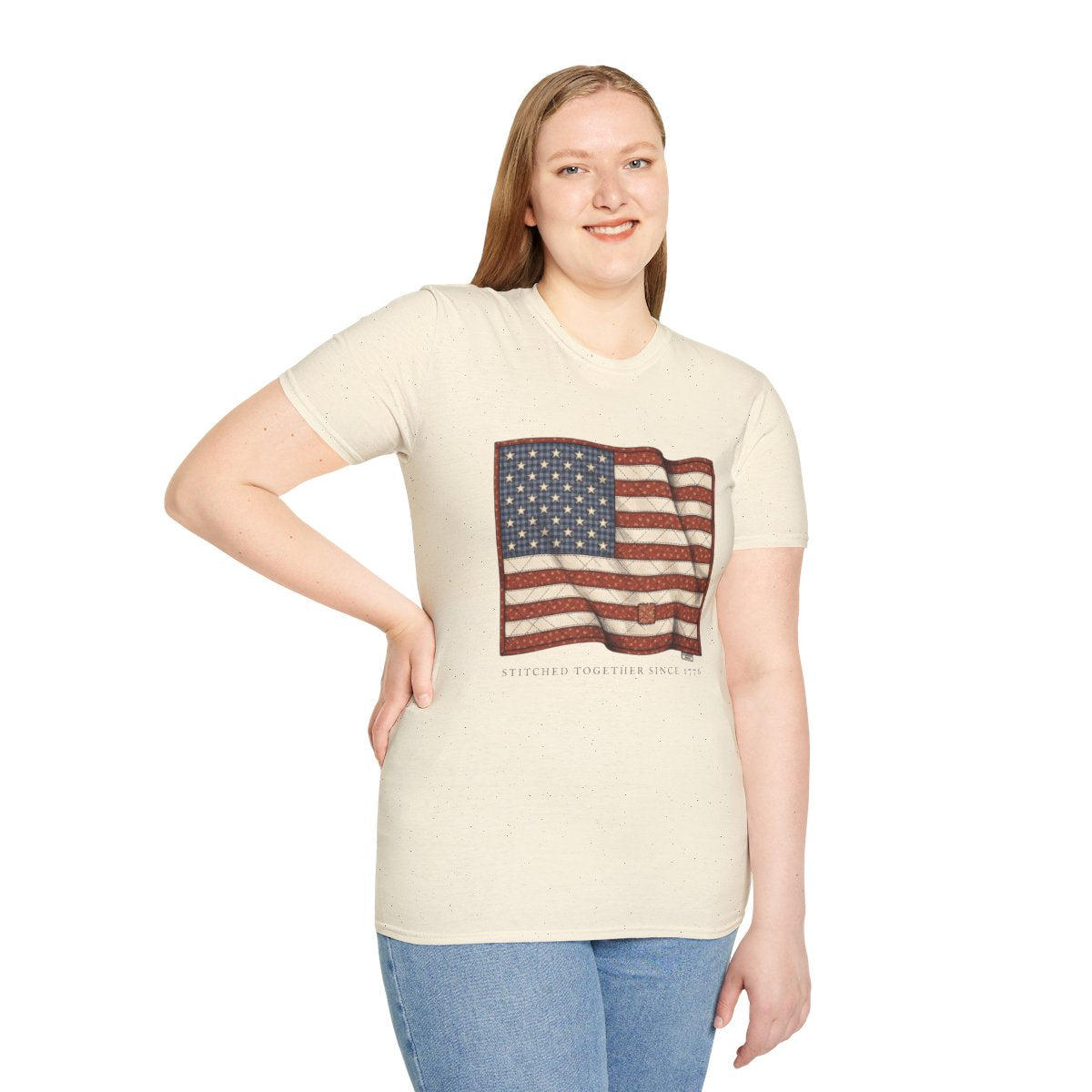 American Flag Shirt for Women — Quilted Heirloom Flag Tee in Natural