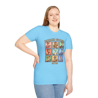 A woman standing with her hand on her hip, wearing a light blue Goose Shirt - Porch Goose Mom, smiling at the camera