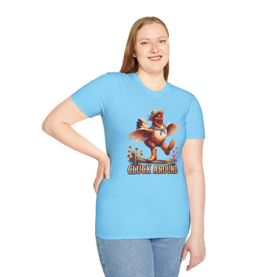 A smiling woman stands with one hand on her hip, modeling the light blue Chicken Shirt - Cluck Around