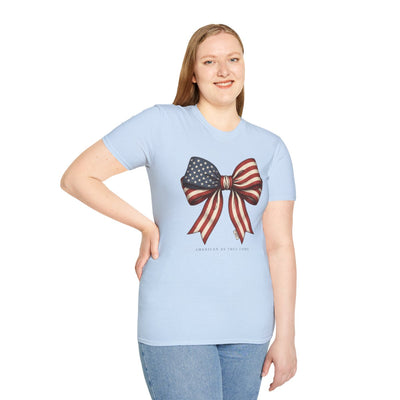 4th of July Shirt — American Flag Bow Tee for Women in Light Blue