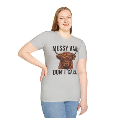 Highland Cow Shirt — "Messy Hair Don't Care" Graphic Tee in Ice Grey