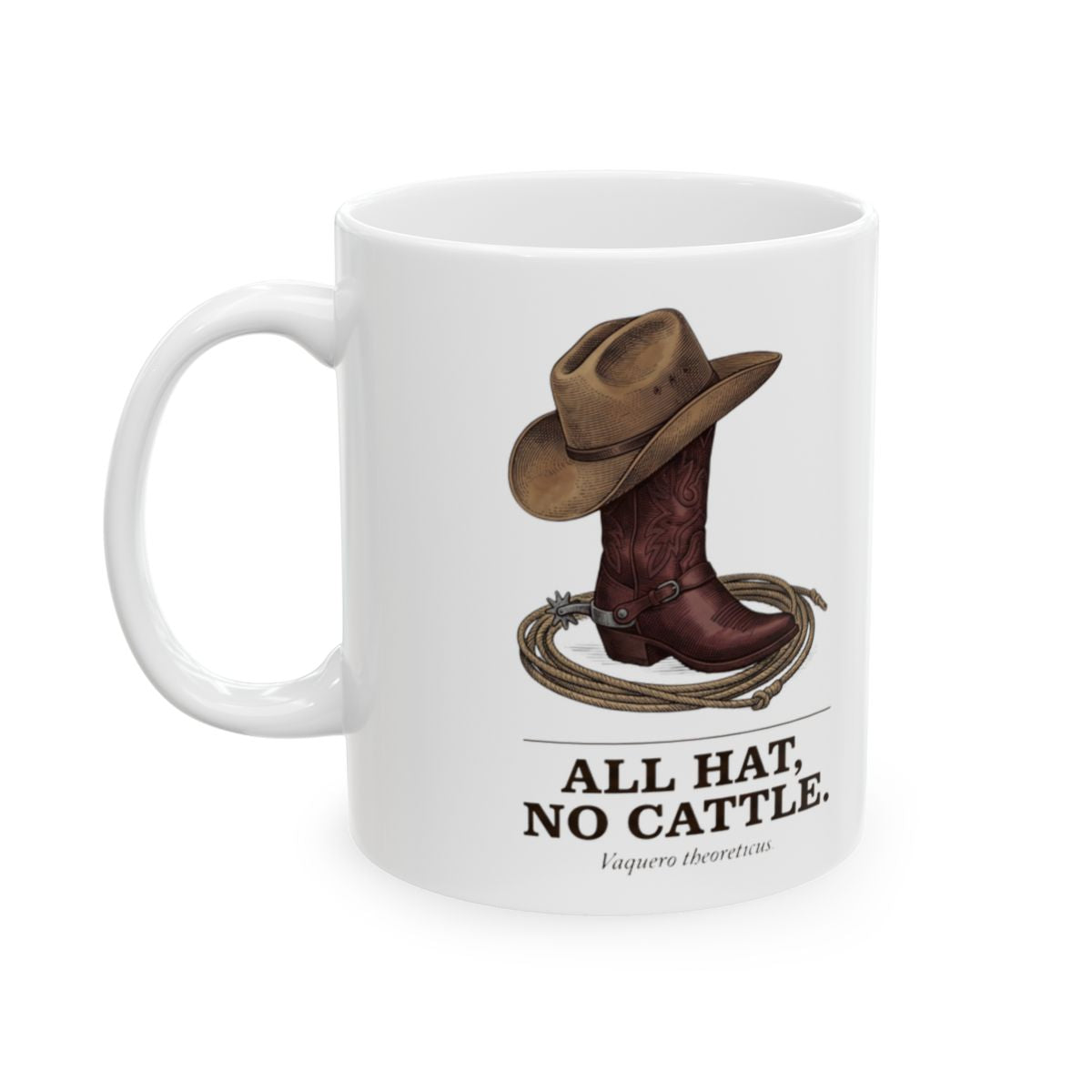 Western Coffee Mug — "All Hat, No Cattle" Vintage Engraved Boot & Hat Mug
