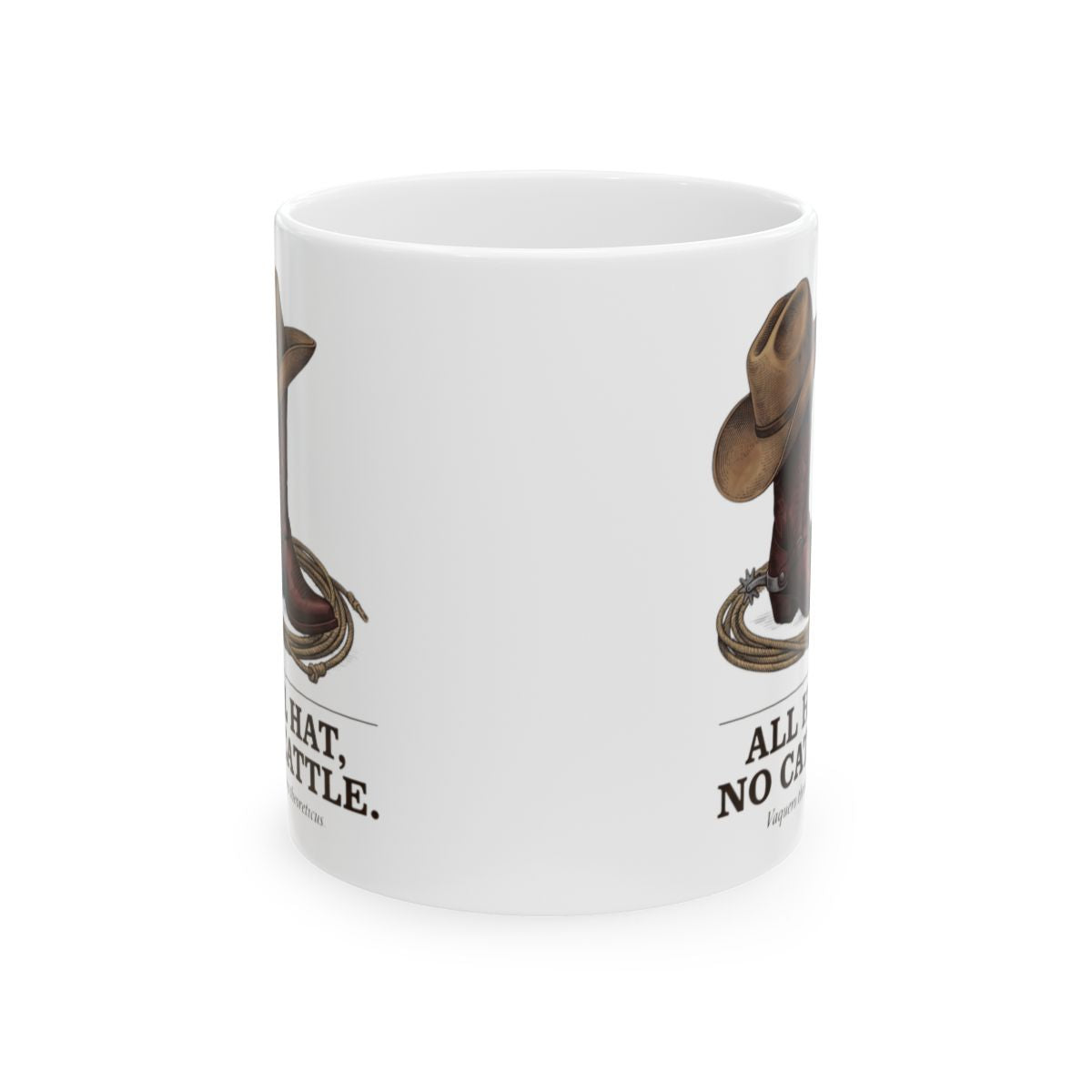 Western Coffee Mug — "All Hat, No Cattle" Vintage Engraved Boot & Hat Mug