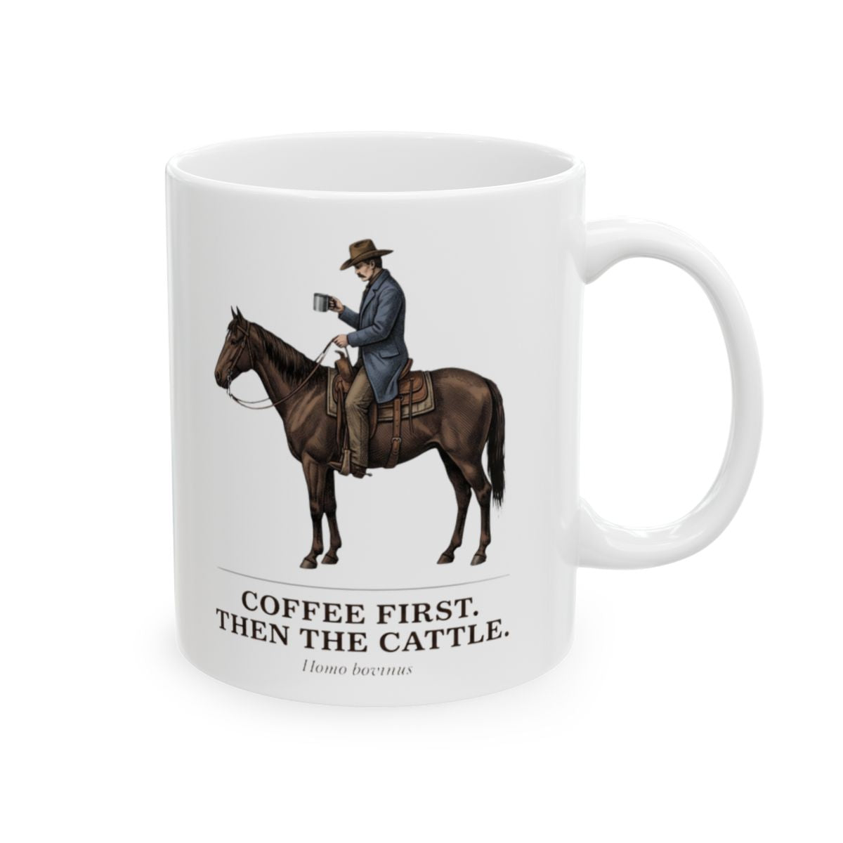A slightly angled front view of the white Cowboy Coffee Mug, highlighting the full cowboy and horse design on a white surface