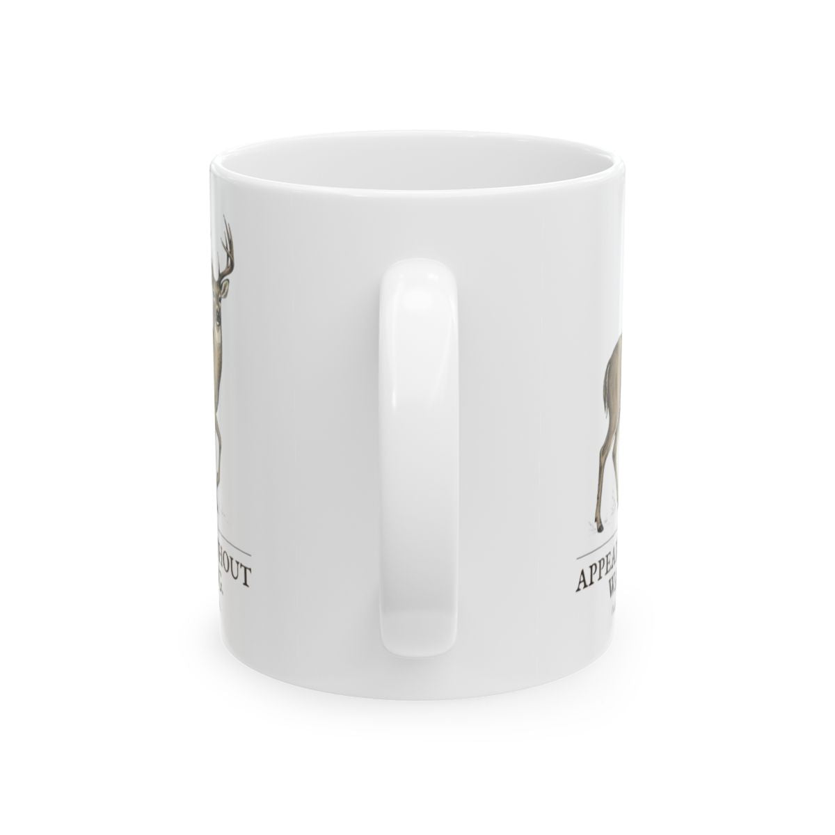 A white Deer Coffee Mug is shown from the side, highlighting the handle and the deer design partially visible on both sides against a white background