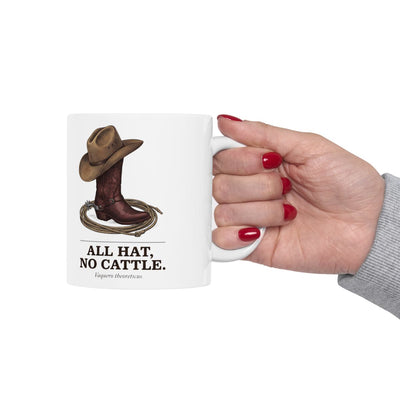 Western Coffee Mug — "All Hat, No Cattle" Vintage Engraved Boot & Hat Mug
