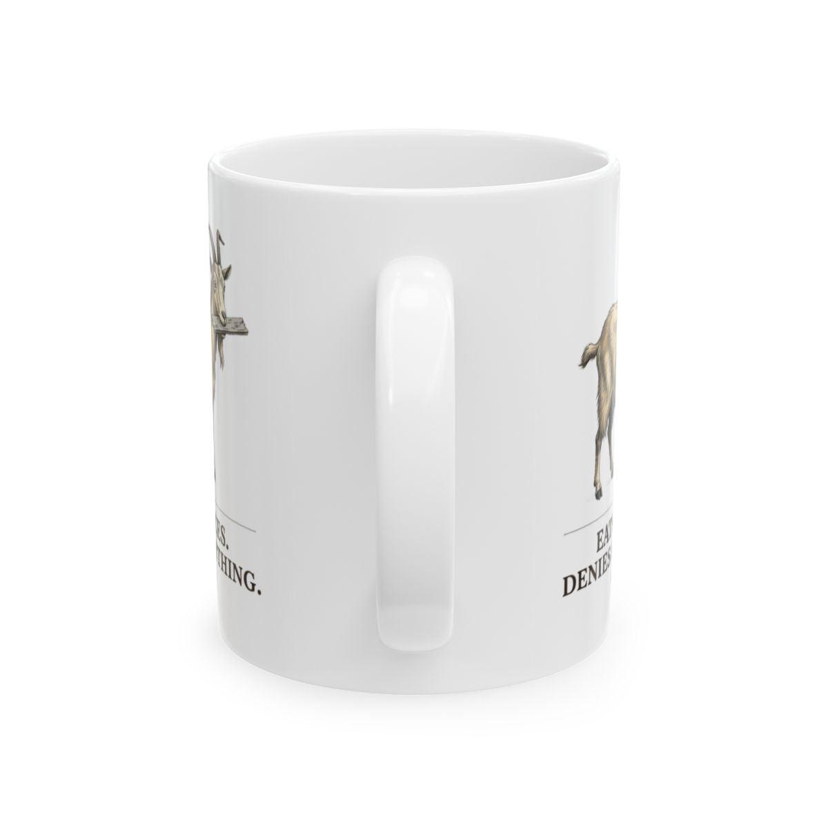 The side of a white Goat Coffee Mug shows its handle and parts of the goat graphic on both sides against white