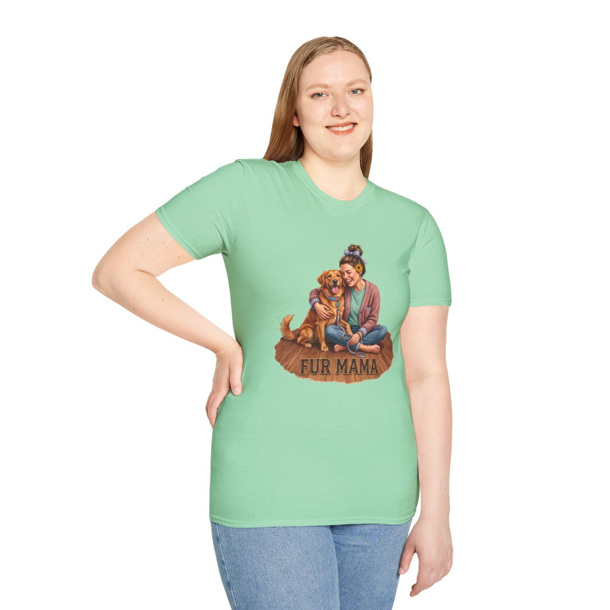 A woman standing with her hand on her hip, wearing a light green Dog Mom Shirt - Fur Mama, looking directly forward