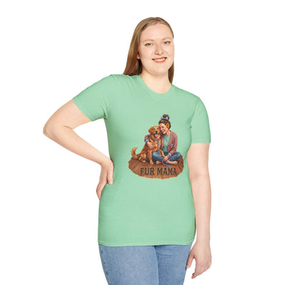 A woman standing with her hand on her hip, wearing a light green Dog Mom Shirt - Fur Mama, looking directly forward