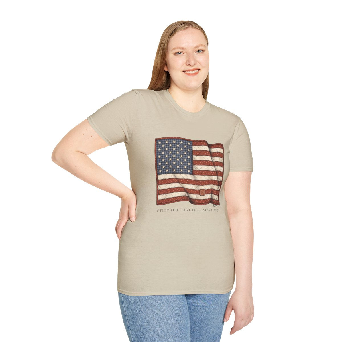 American Flag Shirt for Women — Quilted Heirloom Flag Tee in Sand