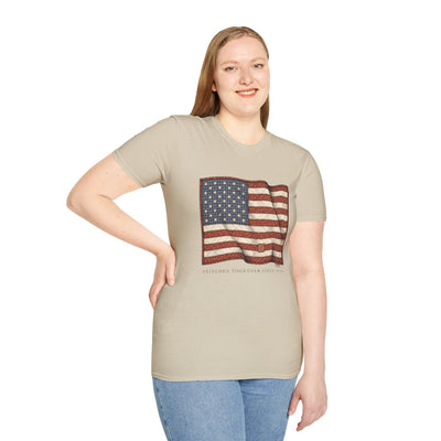 American Flag Shirt for Women — Quilted Heirloom Flag Tee in Sand