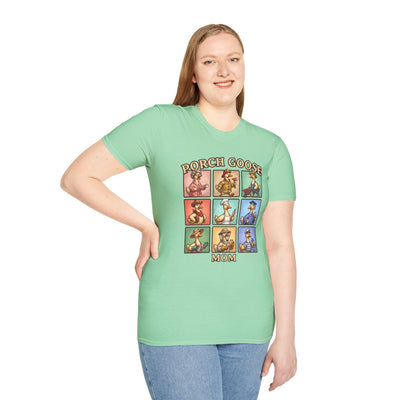 A woman with light brown hair smiles while modeling the light green Funny Goose Shirt - Porch Goose Mom, standing facing forward