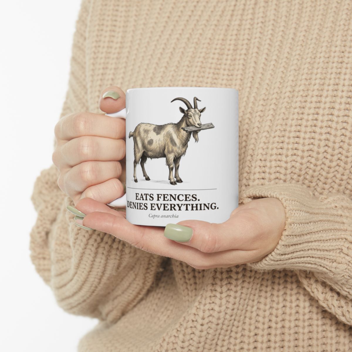 Goat Coffee Mug — "Eats Fences. Denies Everything." Vintage Engraved Goat Mug