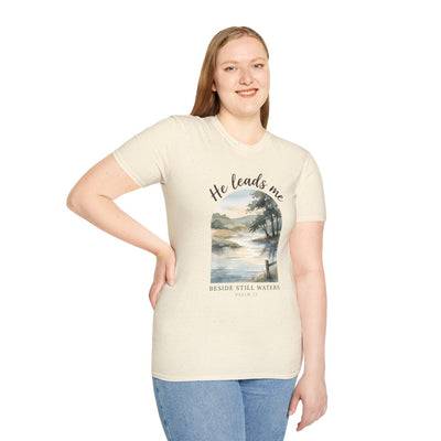 Bible Verse Shirt — Psalm 23 "Still Waters" Watercolor Tee in Natural
