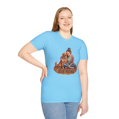 Front view of a woman in a light blue Dog Mom Shirt - Fur Mama, smiling and posing with one hand on her hip