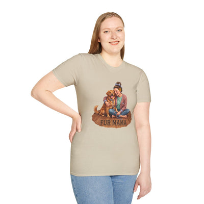 Front view of a woman in a light tan Dog Mom Shirt - Fur Mama, smiling and posing with one hand on her hip