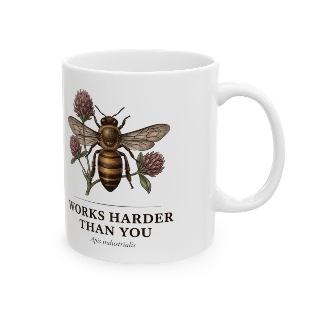 Bee Coffee Mug — "Works Harder Than You" Vintage Engraved Honeybee & Clover Mug