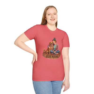 A woman stands front-facing, wearing a coral pink Dog Mom Shirt - Fur Mama, with the graphic of a woman hugging a golden retriever