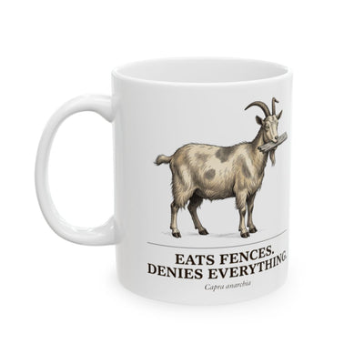 Goat Coffee Mug — "Eats Fences. Denies Everything." Vintage Engraved Goat Mug