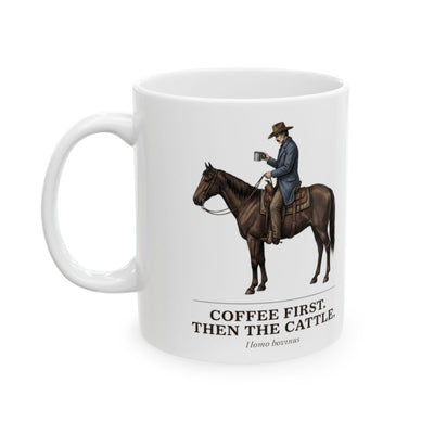 Cowboy Coffee Mug — "Coffee First. Then the Cattle." Vintage Engraved Horseback Mug